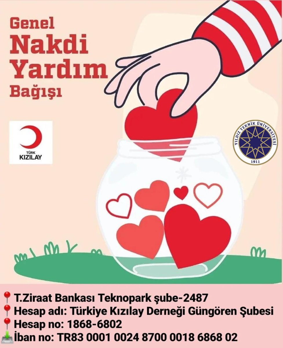 YildizEdu's tweet photo. Depremden etkilenen vatandaşlarımız için Yıldız Teknik Üniversitesi ve Güngören Kızılay Şubesi işbirliği ile gerçekleştirilen yardım bağışına katkıda bulunabilirsiniz.
IBAN:
TR83 0001 0024 8700 0018  6868 02 https://t.co/evtOp8qmbH