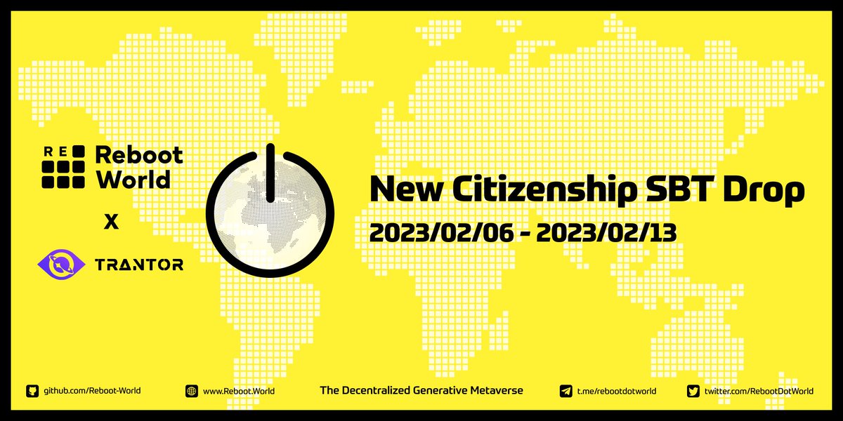 🛸 Time to #Reboot the World

Reboot World New Citizenship Program is now LIVE! 

🏆 Reward: Citizenship SBT * 500 &amp; $RBT #Airdrop
📙 First Come, First Served 
🎫 Early Access to <a href="/RebootDotWorld/">Reboot World 🌍</a> 

Complete the tasks on <a href="/TrantorDAO/">Trantor</a>👇
trantor.xyz/campaign/88905…

#Giveaways #NFTs