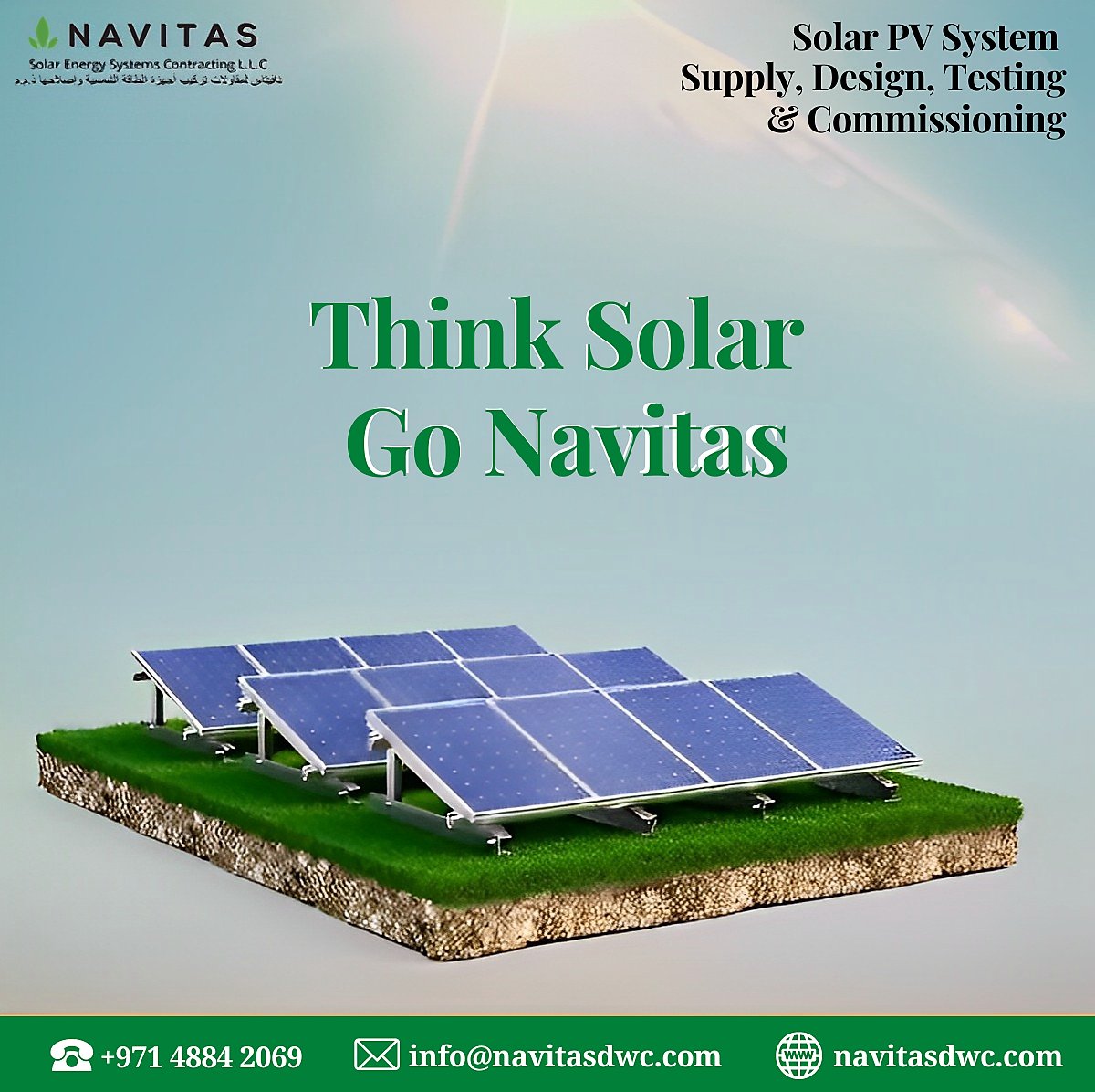 Solar PV System 
Supply, Design, Testing & Commissioning.

It’s time to go solar, it’s time for #NavitasDubai
#solaruae #LightingTheWorld #ShamsDubai #shamsinitiative #DEWA  #NavitasSolar #solarpanels #solarpower #solarenergy #solartechnology
#solarcontracting #solarconsultantt