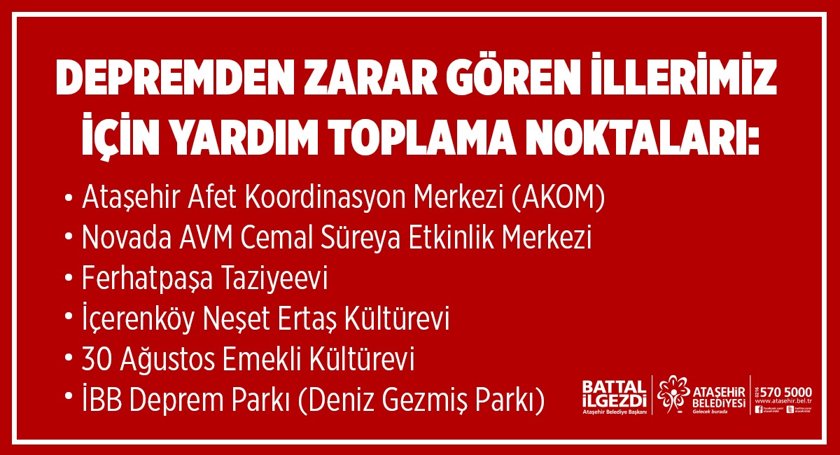 Değerli komşularımız;

Yaşanan deprem felaketi nedeniyle afet bölgelerine ulaştırmak üzere temel ihtiyaçların yer aldığı yardımları toplamaya başladık.

6 farklı noktada bağışlarınızı bekliyoruz.

Yaralarımızı hep birlikte saracağız.
