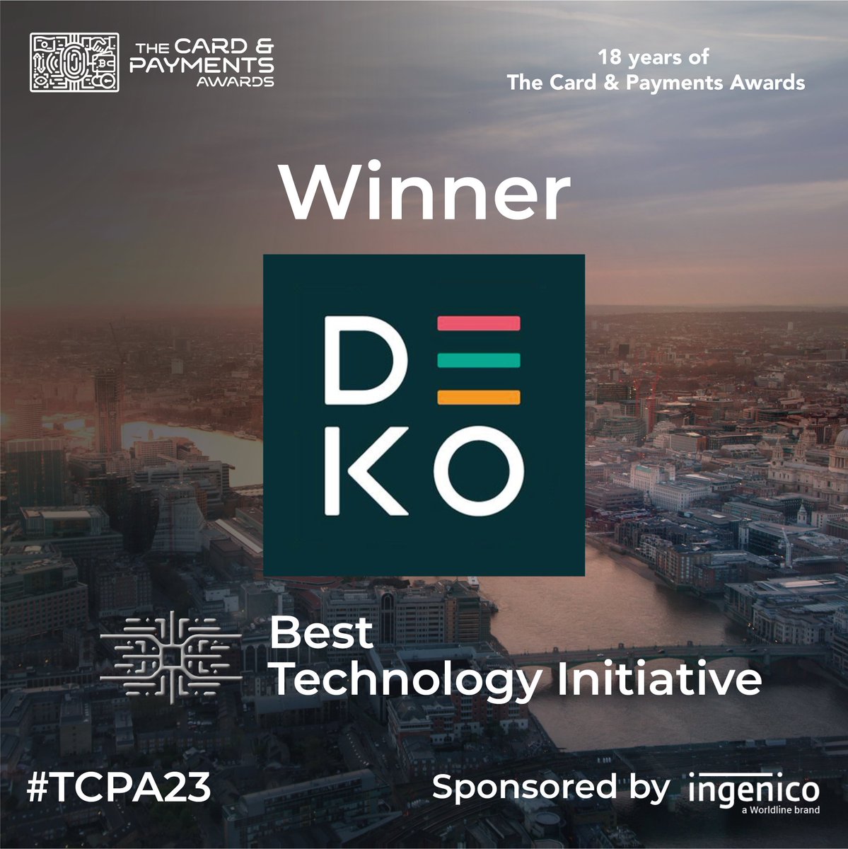 TCPAwards's tweet photo. Congratulations @Dekopay! #TCPA23 winner of the Best Technology Initiative award sponsored by @ingenico 🏆 🎉 https://t.co/sxOpChMzmS
