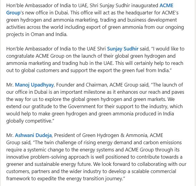 ACME Group unveils global green hydrogen marketing and trading office in Dubai
#GreenHydrogen #GreenEnergy #Dubai #global