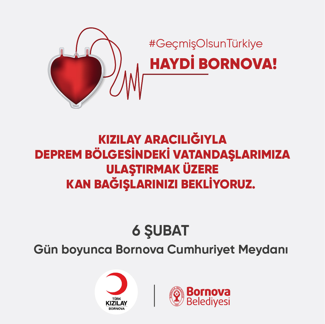 Kızılay aracılığıyla deprem bölgesindeki vatandaşlarımıza ulaştırmak üzere kan bağışlarınızı bekliyoruz.

 📍Bornova Cumhuriyet Meydanı

#GeçmişOlsunTürkiye