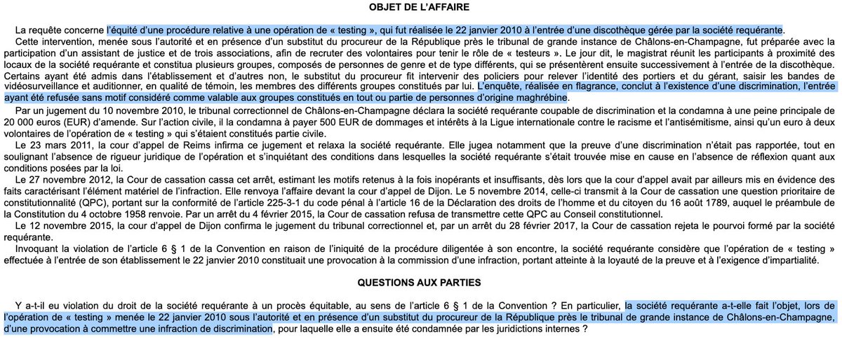 Discrimination &amp; procès équitable : De façon inédite, la #France est mise en cause devant la #CEDH au sujet du "testing". 

Cette méthode de preuve des pratiques discriminatoires (ici à l'entrée en discothèque) est-elle une provocation à l'infraction ?

=> bit.ly/3X5A5HU