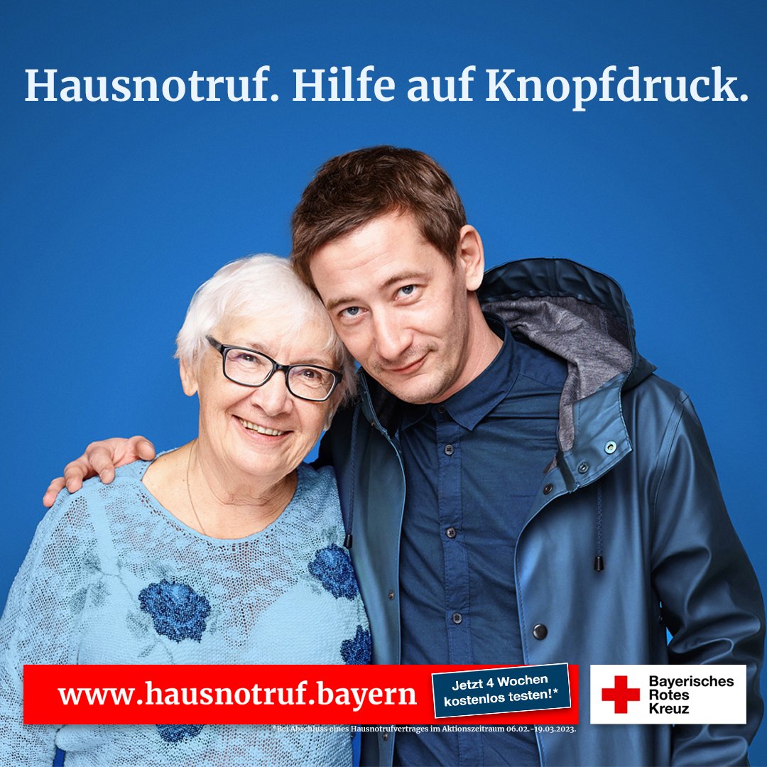 Der Hausnotruf des BRK - Treuer Begleiter für mehr Sicherheit im Alter
BRK-Neukunden erhalten die ersten 4 Wochen des Hausnotrufs kostenlos, wenn im Aktionszeitraum 06.02.-19.03.2023 ein Hausnotruf-Vertrag abgeschlossen wird. Weitere Informationen unter hausnotruf.bayern