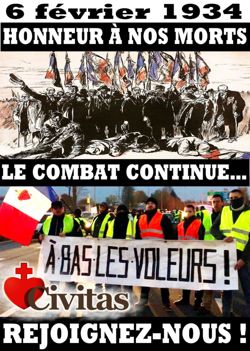 #6Fevrier. Hier comme aujourd'hui, la contre-révolution est la solution qui s'impose contre les offensives de l'anti-France, des Banskters, des oligarques mondialistes et de leurs valets serviles.

À bas les voleurs !

civitas-institut.com/adherez-a-civi…