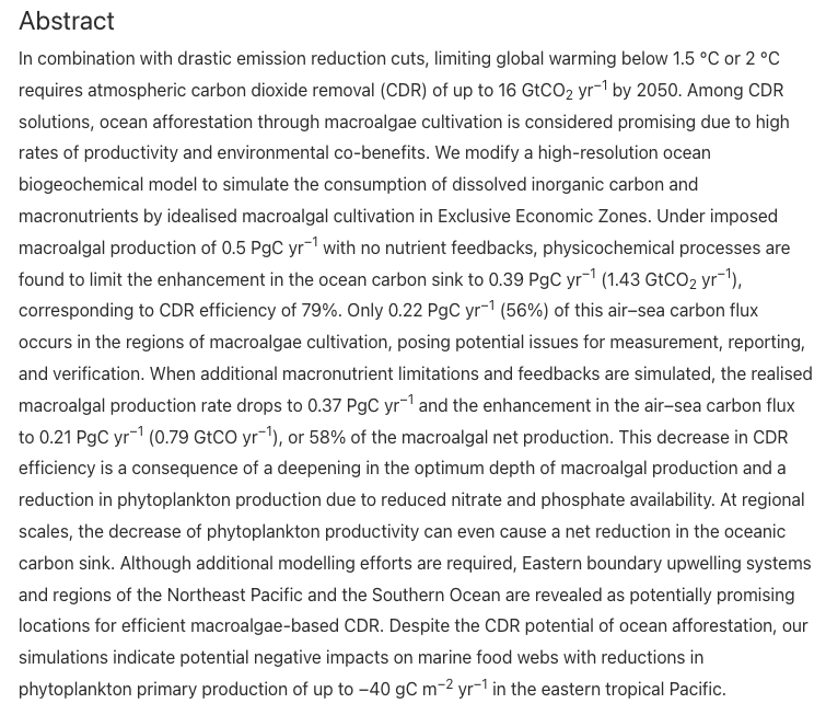 _david_ho_'s tweet photo. 🧵In a paper published today in Environmental Research Letters, @_Manon_Berger, Lester Kwiatkowski, @laurent_bopp, and I used a high-resolution ocean biogeochemical model (NEMO-PISCES) to examine the efficacy and efficiency of kelp-based ocean CO₂ removal (CDR). 1/8 https://t.co/Hyigjwjfuf