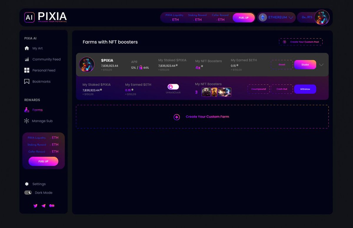 INTRODUCING PIXIA FARM NFT BOOSTERS!!!

NFT booster works as multiplier of your staked tokens, each additional #NFTs  staked will give you a multiplier ratio on your rewards. The multiplier ratio is chosen by the pool creator.

STAKE YOUR $PIXIA - REAP THE REWARDS!!!!
#utility