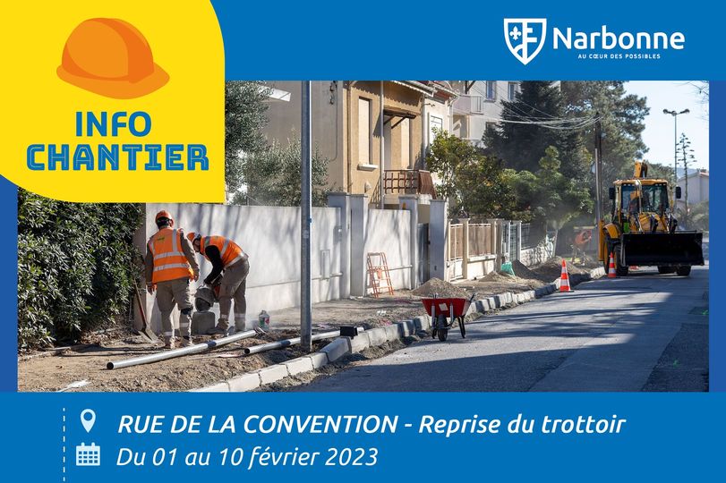 [INFOCHANTIER]
Rue de la Convention - Reprise du trottoir jusqu'au 10/02.
📸Bernard Delmas

#Narbonne #travaux #chantier