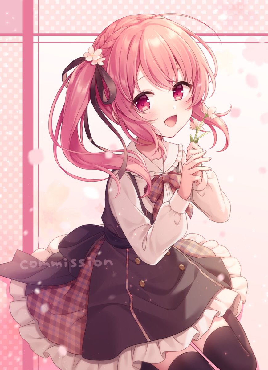 1girl solo flower holding pink hair thighhighs smile  illustration images
