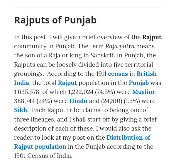 @Panchpradhan_ Acc to 1931census, in undivided Punjab, Ahirs(98%) were one of the few castes which were entirely Hindu.
Acc to 1911census,46% Jats were Muslim, Hindus 21%,Sikh jats 33% and rest were Christians in Punjab
Acc to 1911census,75% Rajputs were Muslim, 24% Hindus&1.5 Sikhs in Punjab