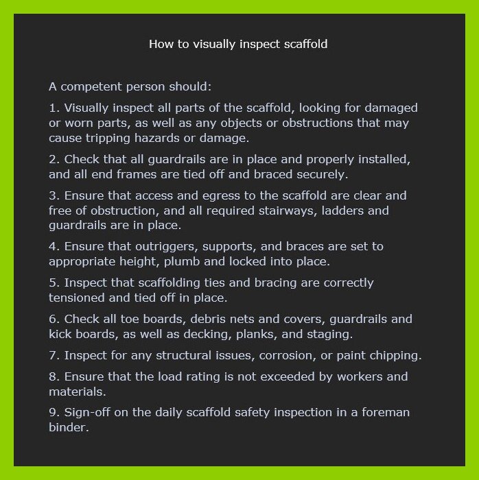 SDSafetyGuy's tweet image. Scaffold inspection checklist. 

Revisit this checklist after a change in weather conditions. 

#Scaffoldsafety #TCFieldInspection #SDSafetyGuy
#OSHAscaffold
