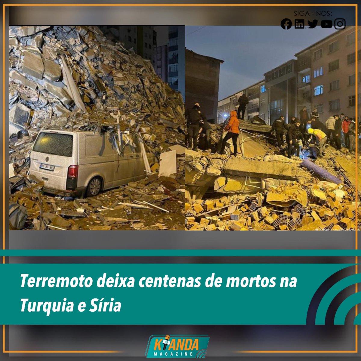 KiandaMagazine's tweet photo. Um terremoto de magnitude 7,8 na escala Richter, que atingiu na madrugada desta segunda-feira (06/02) o sudeste da Turquia e o noroeste da Síria, deixou mais de 500 mortos e mil feridos. https://t.co/8xym7GrmXH