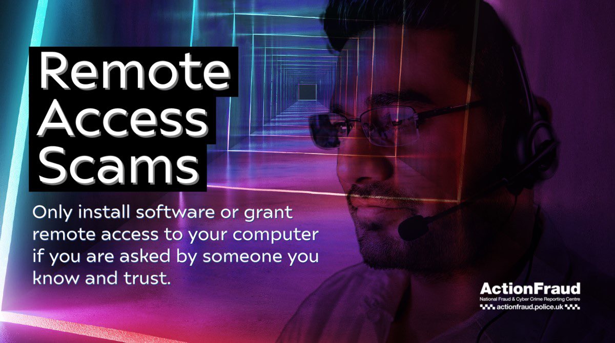 reportfrauduk's tweet photo. Some of the most common scams reported to Action Fraud involve fraudsters connecting remotely to a victim's computer.

⚠️Never allow remote access to your computer following an unsolicited call, text message or browser pop-up. https://t.co/yHiDrt5rD9