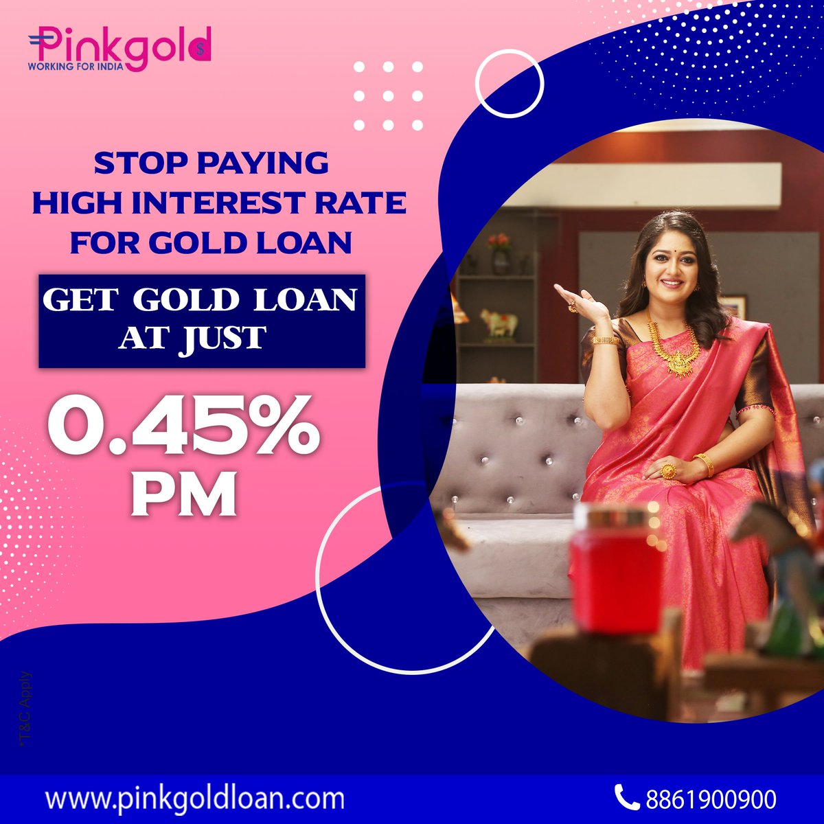 pinkgoldloan's tweet image. Start your savings by stopping high interest gold loans... Get gold loan with low interest rate starting with just 0.45% pm at Pinkgold Loan. 
#pinkgoldloan #goldloan #quickprocess #fastservice #simpleprocess #lowinterestloan #bestgoldloanrate #bestgoldloan #goldloanservice