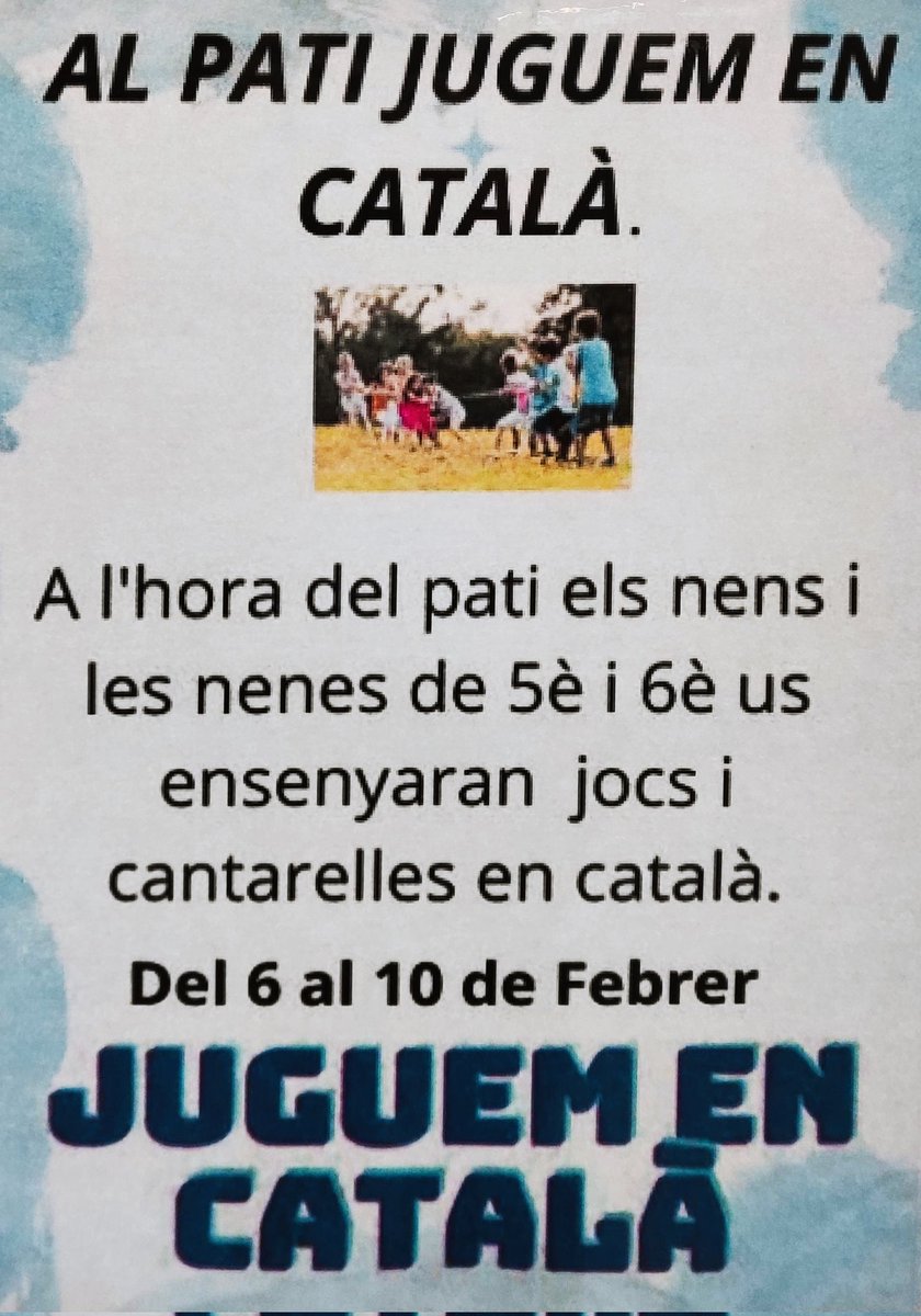 escolamogent's tweet photo. 💬 Avui comencem la campanya "Al pati juguem en català".

Hi participaran voluntàriament tots els alumnes de l'escola. @notexcusis https://t.co/9kvTYzIoyr