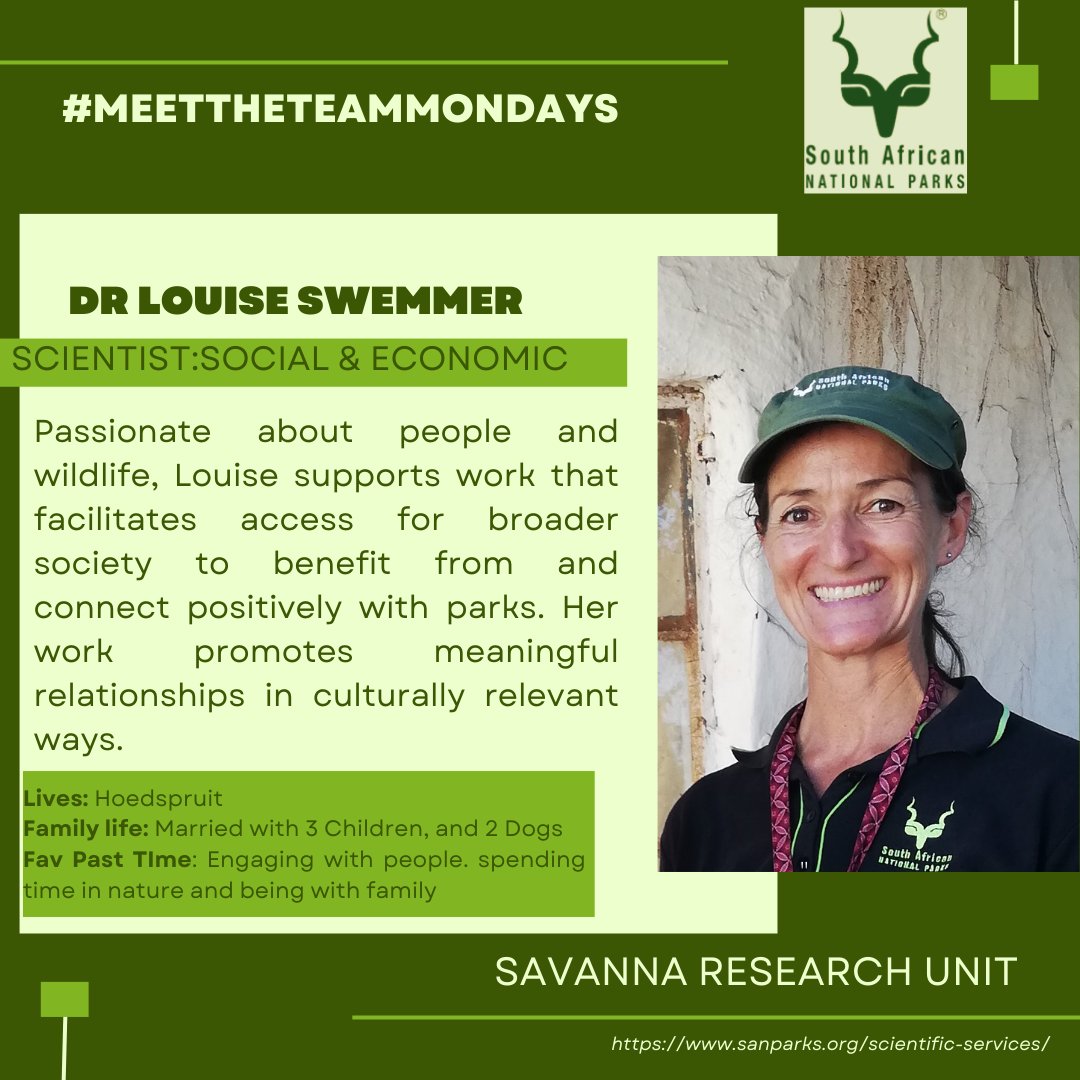 Introducing #MeetTheTeamMondays where you get to know the people working behind the scenes in the Savanna Research Unit based in <a href="/SANParksKNP/">Kruger National Park</a>. 
our first member is Social and Economics Scientist Dr. Louise Swemmer.
 <a href="/SANParks/">SANParks</a>