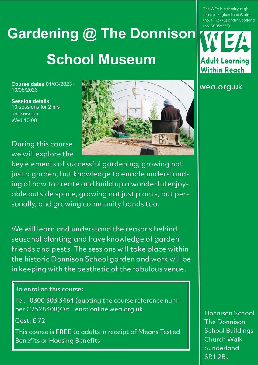 The perfect opportunity to gain some or brush-up on pre-existing gardening skills just in time for Spring!
enrolonline.wea.org.uk/online/courses…