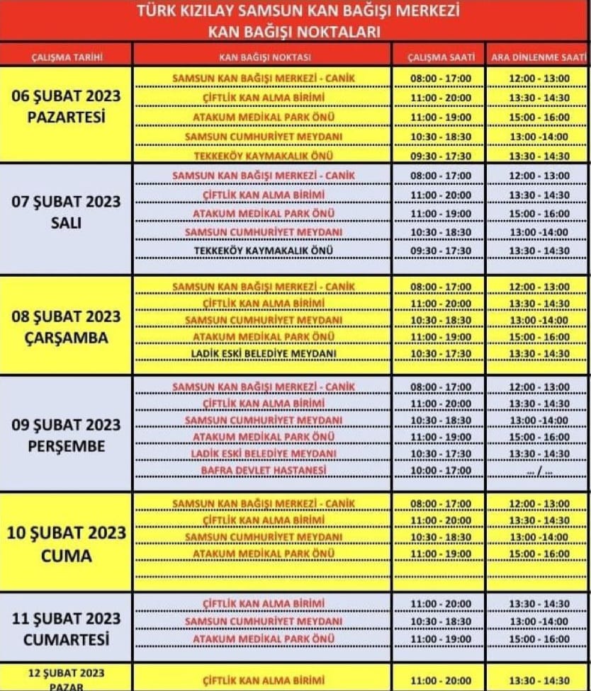 Kıymetli Samsunlular;

Sizleri, depremden yaralı olarak kurtulan ve tedavi altına alınan kardeşlerimizin kan ihtiyacının karşılanmasına destek olmak üzere ilimizin çeşitli noktalarında bulunan Kızılay kan bağışı noktalarına bekliyor, göstereceğiniz ilgi için teşekkür ediyoruz.