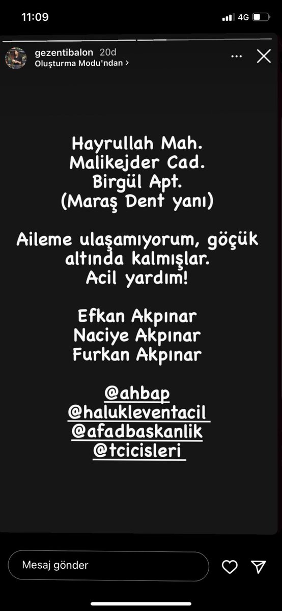 BeetulAkin's tweet photo. @EmniyetGM KAhramanmaras! Hayrullah Mak Malikejder Cad. Birgul apartman Maras Dent yani lutfen ekip gonderin https://t.co/tlTtPY7yHg