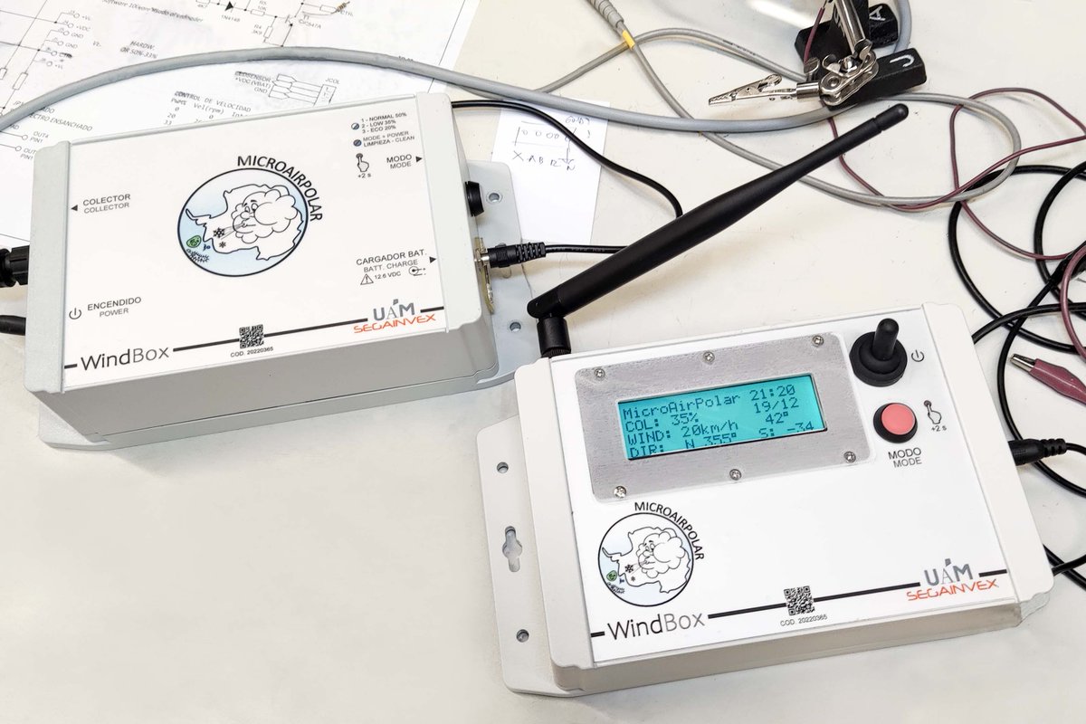 Estos son los equipos realizados en <a href="/Segainvex/">SEGAINVEX</a>, <a href="/UAM_Madrid/">UAM Autónoma Madrid</a>, para registrar la  información de los instrumentos del globo de la expedición antártica <a href="/microairpolar/">microairpolar</a>, a más de 500m de altura. Comunican con tierra utilizando conexión de largo alcance LoRa.
#SomosAntártida