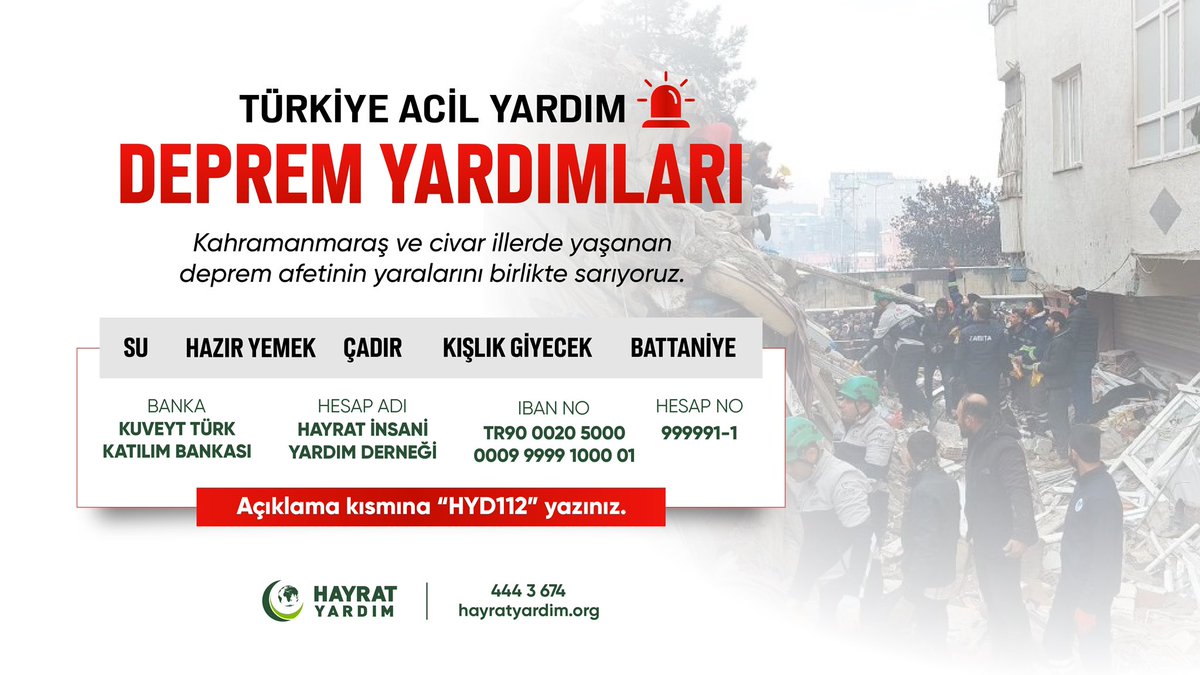 Geçmiş olsun Türkiye!

#Kahramanmaraş merkezli deprem sonrası arama kurtarma ekiplerimiz ve acil yardım çalışmalarımızla afet bölgesindeyiz. 

Destek olmak için: 

🌐 hayratyardim.org/bagis/deprem-y… 

📩 DEPREM yazıp 3674’e 10 TL gönderebilirsiniz.