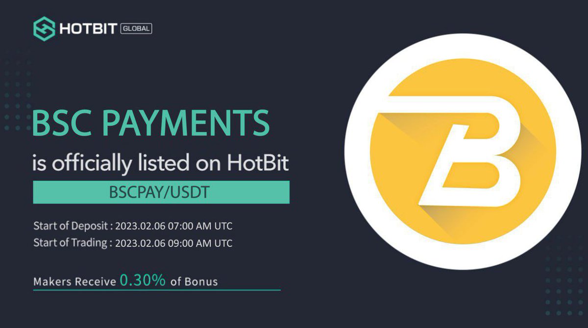 💎 BSCPAY is now successfully listed on Hotbit🚀

🟢 Trading Pair: BSCPAY/USDT

🔼 Buy BSCPAY on pancakeswap

pancakeswap.finance/swap?outputCur…

🔼 Buy BSCPAY on Hotbit (BSCPAY/USDT):

hotbit.io/exchange?symbo…

🔺️   BSCPAY Contract Address: 0xc4D2928cbb5516c34656636e0Fb4EF3b99d20877
