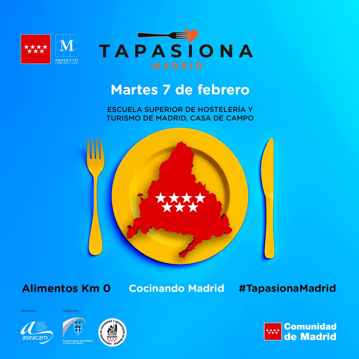 Mañana, martes 7 de febrero, los fogones de la Escuela Superior de Hostelería y Turismo de la Comunidad de Madrid se encenderán para acoger una nueva edición de #TapasionaMadrid.

¡Habrá una partida de cocina ecológica! 

👉caem.es/eventos/tapasi…

<a href="/aseacam/">Aseacam - Comunidad de Madrid</a> <a href="/MadridCalidad/">M Producto Certificado</a> <a href="/ACYRE_/">ACYRE MADRID</a>