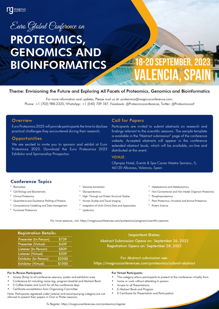 Proteomicconf's tweet photo. 📢🥳 Initial Announcement📒 is "Live Now"!!
📌 Have a look at our Initial Announcement📒 and join 🤝@Proteomicconf on 🗓  September 18-20, 2023 in Hybrid Format at #Valencia, Spain organised by Magnus Group
👉Register now!!⏳and have a chance to talk in our event 👩‍🏫👨‍💼
#proteomics https://t.co/AdOTMOSiST