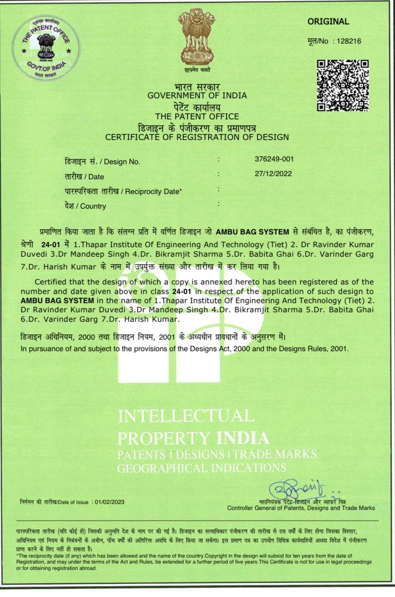 Happy to share an achievement. We as a team got the design patent.

This is the second design patent as a part of team CiBIOD At PGIMER under supervision of Dr Varinder Garg. 

CiBioD : Centre of innovation and Bio- Design

Fruit of four years of efforts 😊👇
