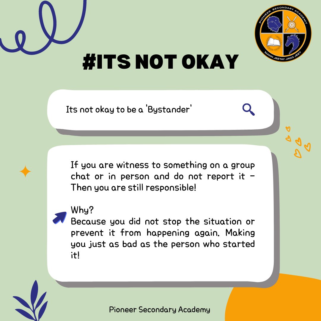 #ITSNOTOKAY 🫱🏼‍🫲🏽 
‘It’s not okay to be a bystander🧍🏾🧍🏻‍♀️’ 

~ This week we will be focusing on what is NOT OKAY and why! ~ 
#itsnotokay #antibullying #benice #respectothers #psa #raise