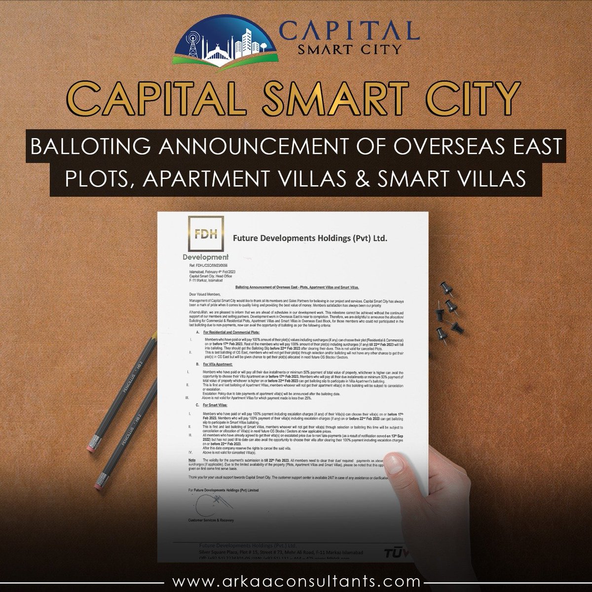 Managment of Capital Smart City have exciting news for all aspiring members and Sales Partners! 

#arkaaconsultants #Arkaa #HRL #FDHL #capitalsmartcity #capitalsmartcitypossession #overseaseast #OverseasPrimeBlock #OverseasPrime #balloting #DevelopmentUpdates #Progress