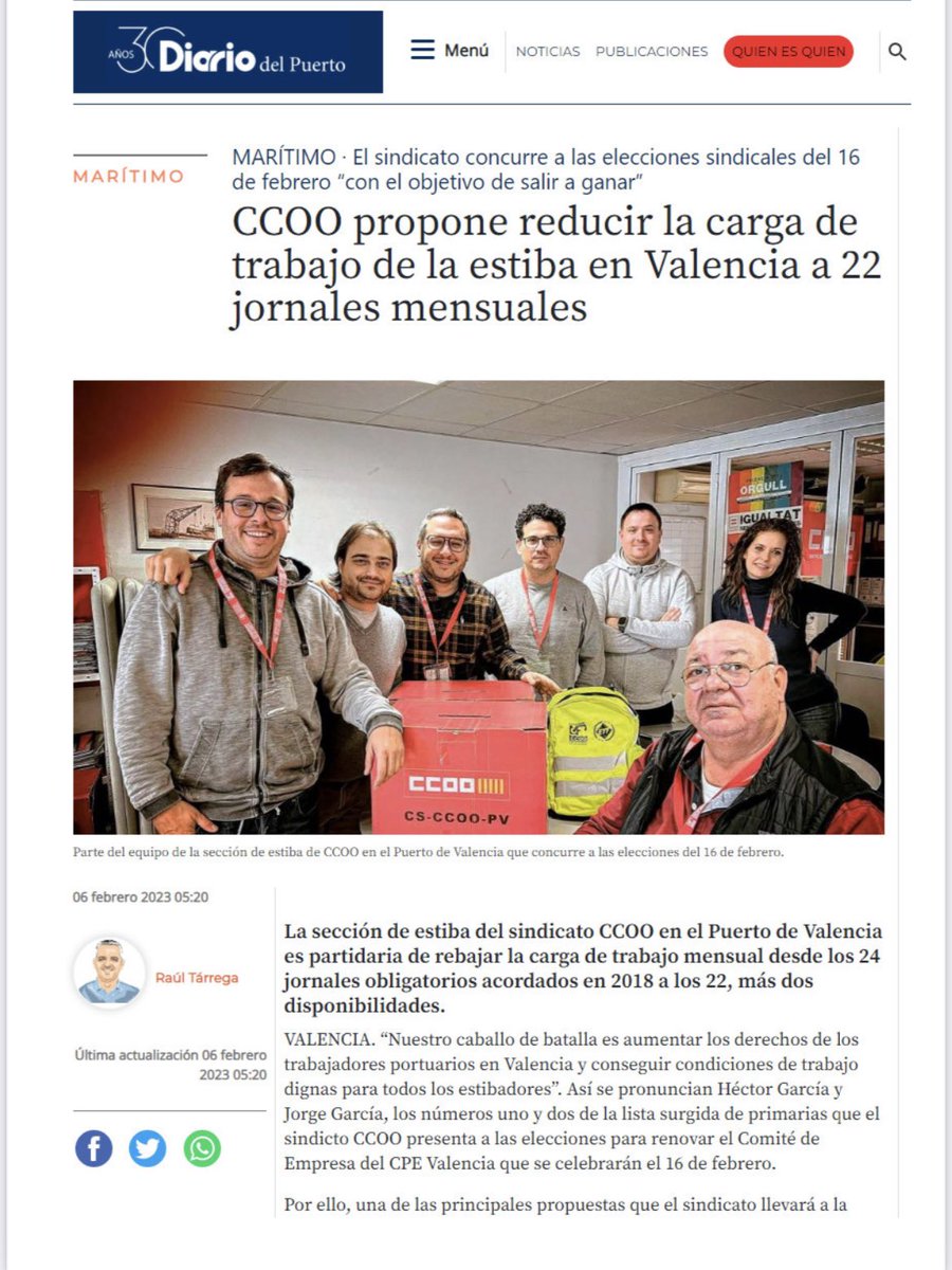 CCOOestibaVlc's tweet photo. Os dejamos por aquí la entrevista antes de elecciones de @raultarrega para @diariodelpuerto . 

“CCOO propone reducir la carga de trabajo de la estiba en Valencia a 22 jornadas mensuales” https://t.co/9YApbfh6YR