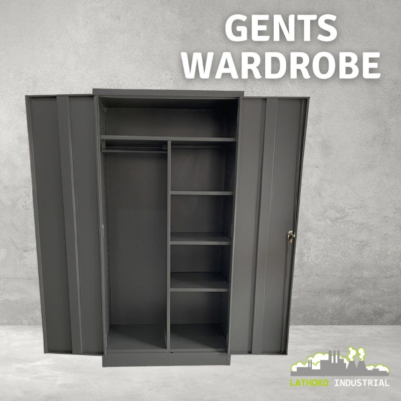 LathokoI's tweet photo. The gents steel wardrobe is the perfect #solution for staff to securely store their clothes and personal belongings. It has a powder coated finish, with a hanging side, plus a large top shelf and 4 smaller shelves. Get #organised with this sturdy #wardrobe! #steelcabinet