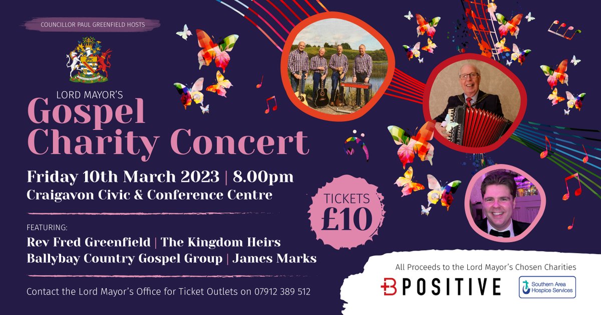 abcb_council's tweet photo. Lord Mayor @PaulGreenfield4 invites you to a special charity concert in aid of @hospiceSAHS & @BPositiveadam on Fri 10 Mar 8pm in #Craigavon Civic Centre. Featuring #KingdomHeirs #RevFredGreenfield #JamesMarks & #BallybayGospelGroup. Tickets Β£10pp. More π https://t.co/OV6ix5FCHT https://t.co/7X8vbvKtfc
