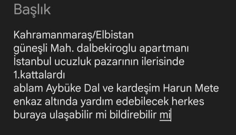zehraduygusr's tweet photo. AYBÜKE DAL -HARUN METE DAL #deprem #MARAS #Elbistan #YARDIM https://t.co/zIODFjLeyB
