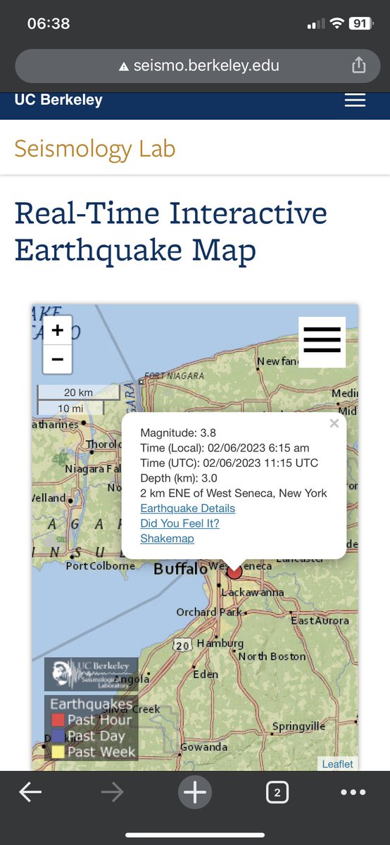 wx_MikeDoyle's tweet photo. UC Berkeley Earthquake map showing at magnitude 3.8 earthquake occurred 2km from West Seneca at a depth of 3km. #earthquake #westseneca #NYEarthquake @news4buffalo #buffalo https://t.co/R681pTXdB6
