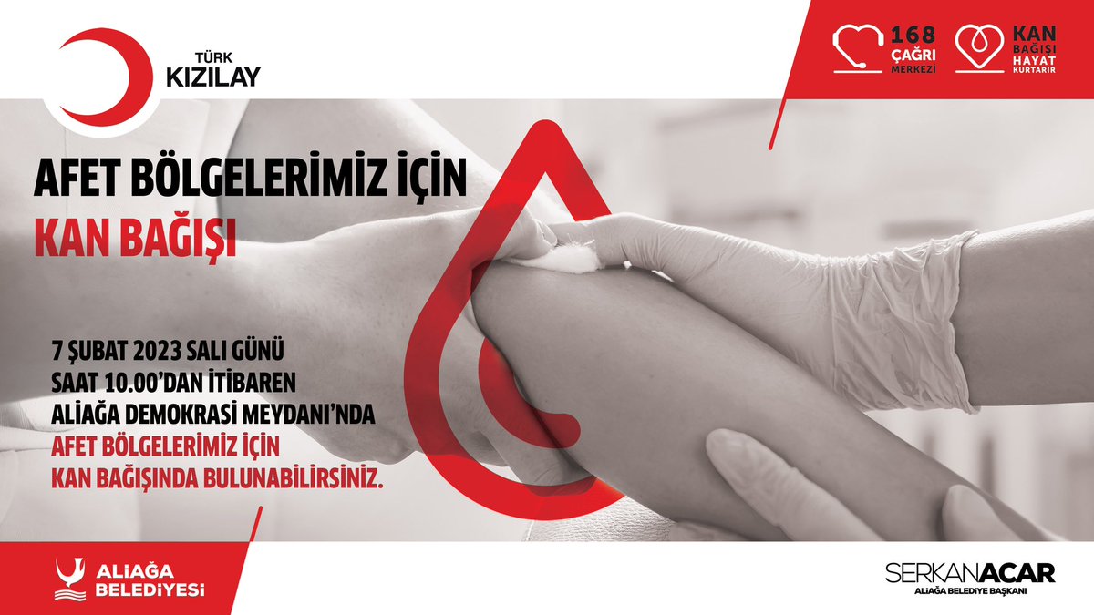 Yarın (07.02.2023) sabah saat 10.00’dan itibaren Demokrasi Meydanımızda afet bölgelerimiz için kan bağışında bulunabilirsiniz.