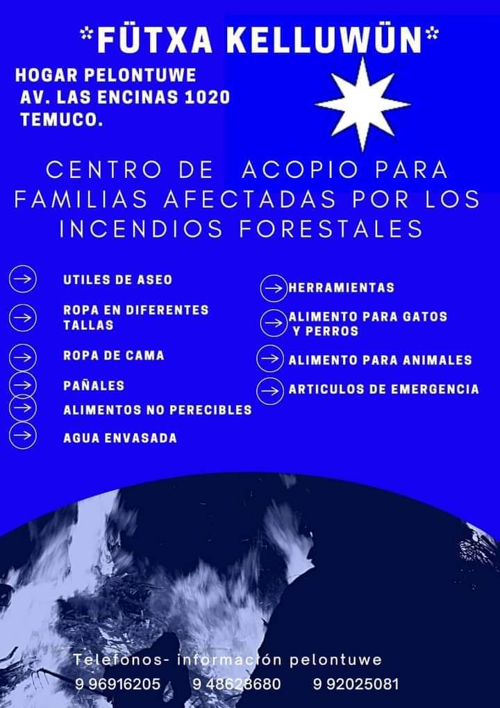 WallmapuResiste's tweet photo. ⭕ Difundir Fütxa Kelluwün.- En Temuko Hogar Pelontuwe se ha habilitado centro de acopio para las familias afectadas por los incendios forestales.
#SolidaridadComoArma #IncendiosForestales #IncendiosIntencionales #Temuko https://t.co/vdp7WoubvZ