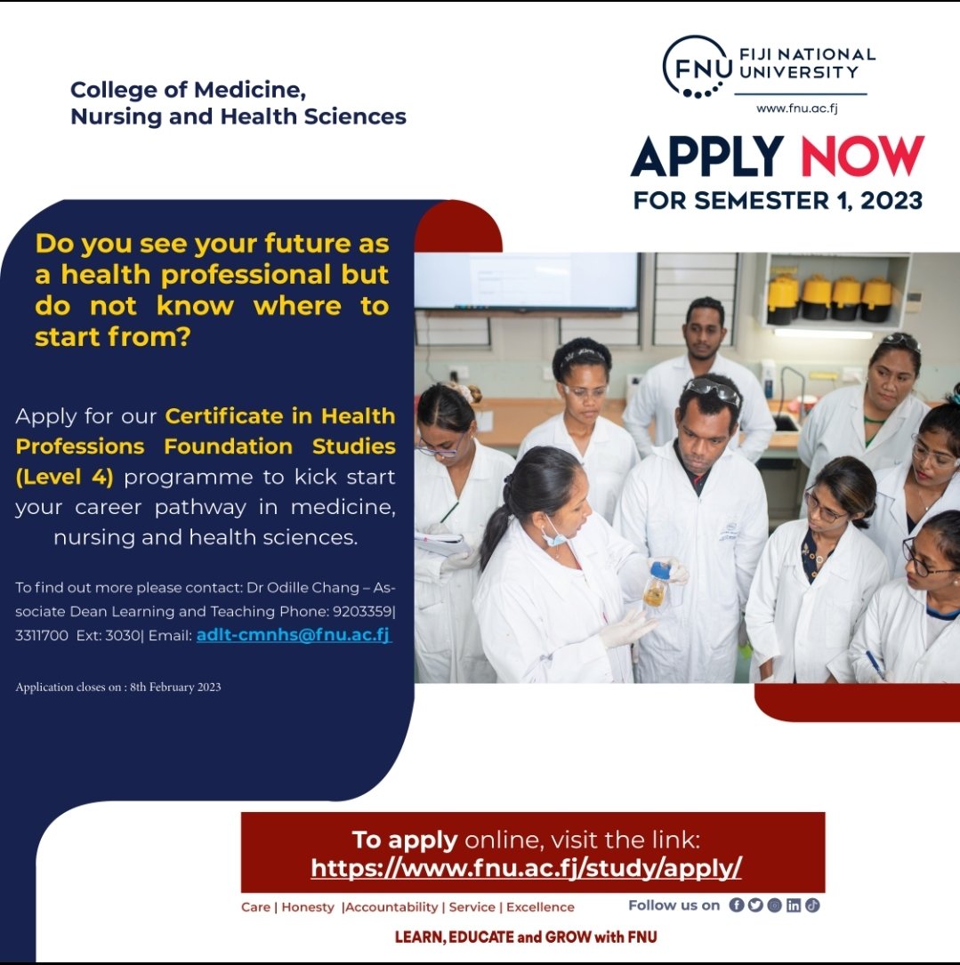 📢 Extending the #CallforApplications from the @FNUFijiMedical for #CertificateInHealthProfessionsFoundationStudies if you've completed Yr12/Prelim Sciences/ Mature entry 
Your #pathway to Medicine, Nursing  & Health Sciences programme
@FNUFiji @spc_cps @WHOWPRO @MOHFiji