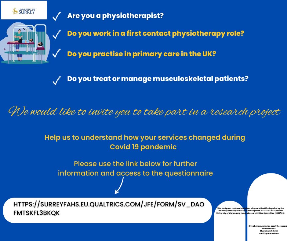 Oluwatoyin A. Adeniji (@adenijimojisola) on Twitter photo Do you work as a First Contact Physiotherapist in primary care in the UK? Take a look at our survey exploring changes to First Contact Physiotherapy service delivery during C19. Please click on the link below surreyfahs.eu.qualtrics.com/jfe/form/SV_da⦠<a href="/goodyrob/">rob goodwin</a> @hannahmorleynhs @mattlewisphysio Do you work as a First Contact Physiotherapist in primary care in the UK? Take a look at our survey exploring changes to First Contact Physiotherapy service delivery during C19. Please click on the link below surreyfahs.eu.qualtrics.com/jfe/form/SV_da⦠<a href="/goodyrob/">rob goodwin</a> @hannahmorleynhs @mattlewisphysio