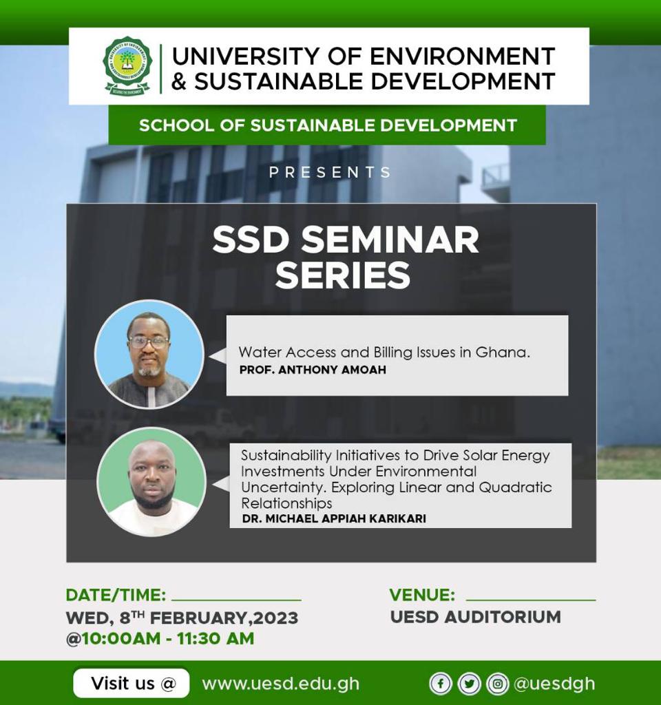 Smart_Anumah's tweet photo. @SSD_Uesd Make a date with the School of Sustainable Development as it presents its bi-weekly seminar series on 8th February, 2023.
#uesdgh https://t.co/g0UIIYgEAs
