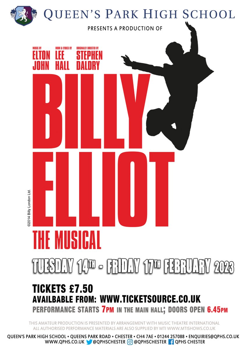 qphschester's tweet image. Only 1 week to go before our talented students take to the stage for the first live performance of #BillyElliot the musical! Evening shows: Tues 14th - Fri 17th Feb. Have you got your seats booked? Hurry - tickets selling fast #buynow ticketsource.co.uk/Queens-Park-Hi… @chestertweetsuk