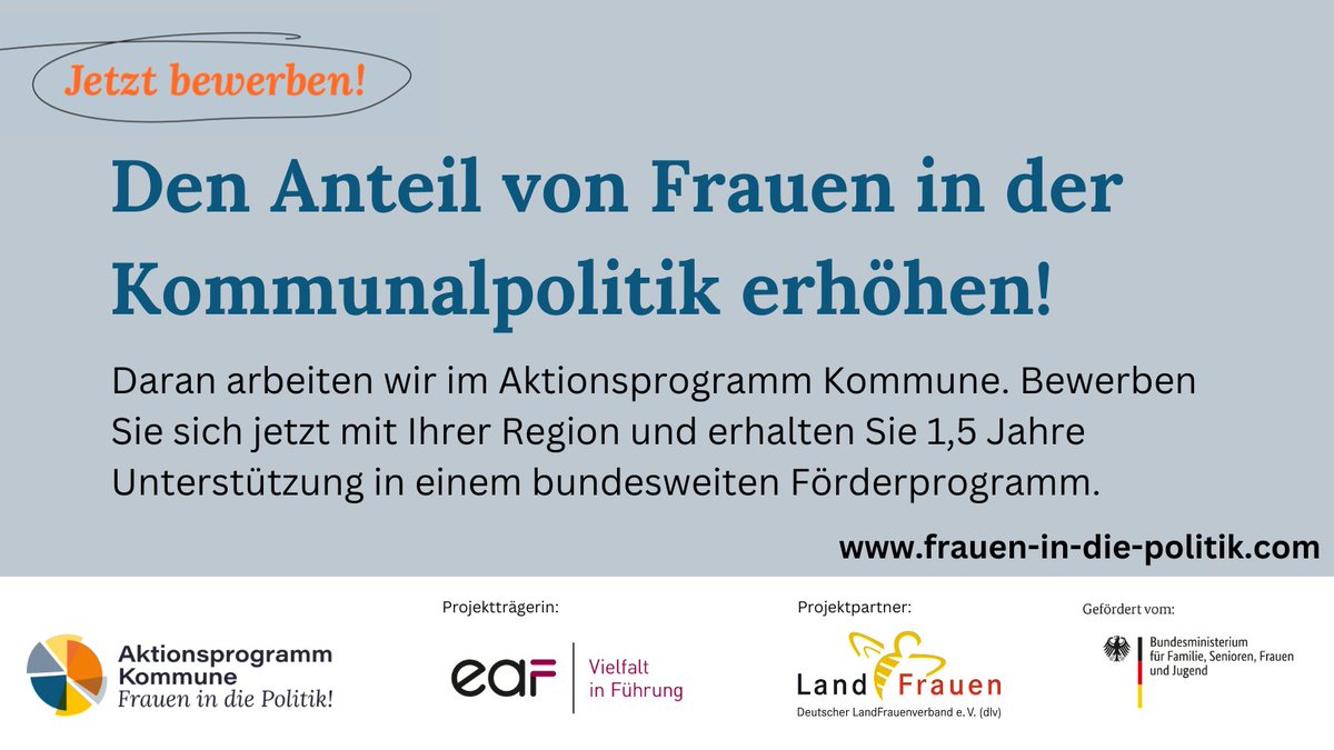 eaf_berlin's tweet photo. "Mit dem #AktionsprogrammKommune #FrauenindiePolitik stärken wir bestehende #Netzwerke vor Ort u können ... Veränderungen hin zu einer attraktiven, zeitgemäßen u familiengerechten Kommunalpolitik anstoßen." Regionen können sich bewerben: https://t.co/3H4EYciObv @BMFSFJ https://t.co/XrvhMnlqKO