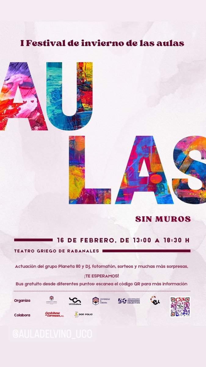 🗣I Festival de Invierno de las Aulas de Proyección Social de la <a href="/Univcordoba/">Universidad Córdoba</a>, organizado desde <a href="/vestudiantesUCO/">Vicerrectorado de Estudiantes y Cultura - UCO</a> y <a href="/UCOCultura/">UCOCultura</a> , en colaboración con <a href="/CEUCO/">Consejo Estudiantes</a> 
🗓️ 16 de febrero | 13:00-18:30h
Teatro Griego de Rabanales uco.es/assets-portada…