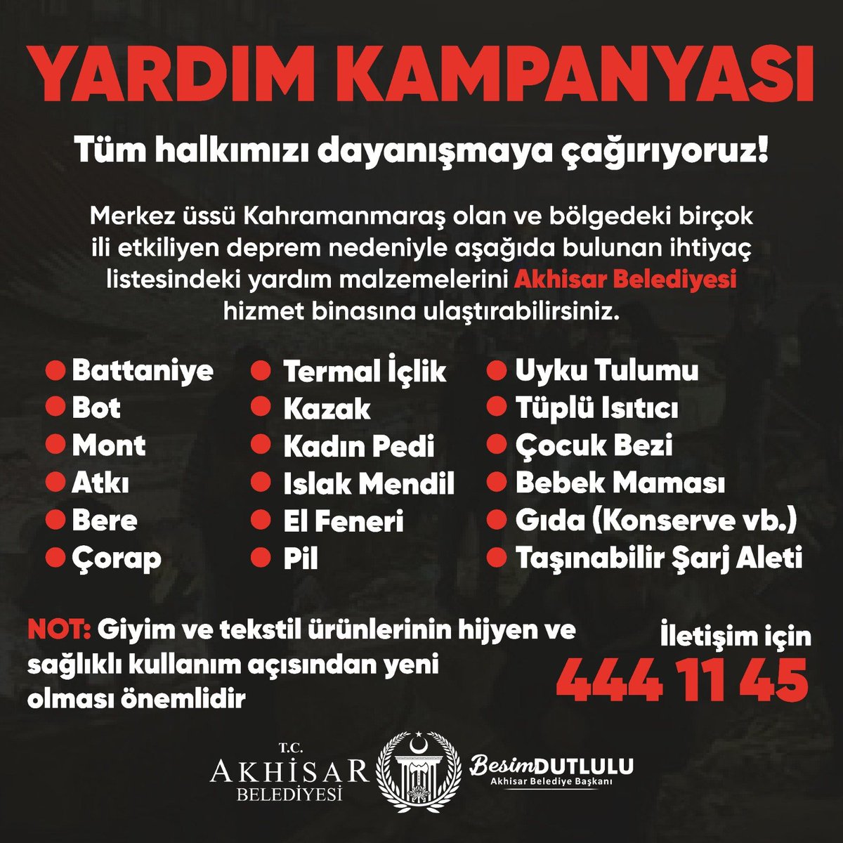 Depremin yaralarını hep birlikte sarıyoruz.

Akhisar Belediyesi olarak hazırladığımız ısınma malzemelerini deprem bölgesine iletiyoruz.

Acil ihtiyaç listesinde yer alan ve bölgeye göndermek istediğiniz malzemeleri belediyemize iletebilirsiniz. Gün birlik olma ve dayanışma günü…