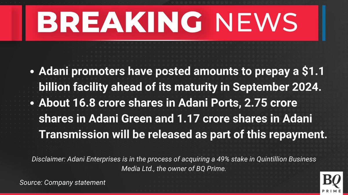 NDTVProfitAlpha's tweet photo. Adani promoters removes pledge on shares by prepaying about Rs 9,000-crore facility. #AdaniGroup

For the latest news &amp; updates, visit: https://t.co/gXeGqKQ77P https://t.co/XHBZ15DQIs