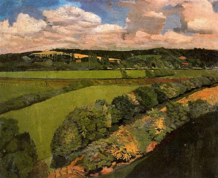 ahistoryinart's tweet image. Stanley Spencer had an almost spiritual attachment to Cookham, the Berkshire village in which he lived, worked and which inspired many of his paintings. This is his earliest surviving landscape (1914); the use of an elevated viewpoint is influenced by the Pre-Raphaelites.