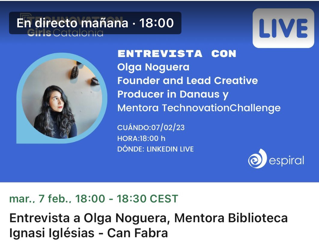 ciberespiral's tweet image. 📌@TechnovationCat 🙋‍♀️

📆 Martes 7 de febrero 

⏱️18h.

🖥️ Streaming 

Tendremos como invitada a Olga Noguera, para contarnos cómo ha sido su experiencia como mentora en el #TechnovationChallenge. 

👉🏼 linkedin.com/video/event/ur…

¡Te esperamos!