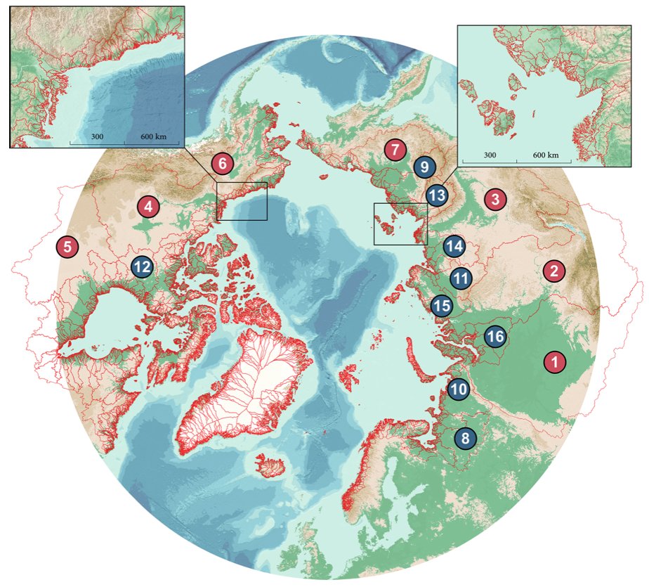 Just out in ESSD! ARCADE: the pan-ARctic CAtchment DatabasE by Niek Jesse Speetjens et al. Here we provide 103 geospatial, environmental, climatic&amp;physiographic properties for &gt;40,000 catchments draining into the Arctic Ocean. essd.copernicus.org/articles/15/54…